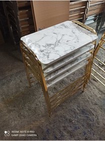 Resim GÜVENÇ 4'lü Zigon Sehpa Tepsi Zigon Model Sarı Nikelaj Kaplama Metal Ayaklı Beyaz Mermer Desen 