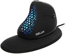Resim DeLUX Kablolu Ergonomik Fare, 6 Düğme ve Başparmak Tekerleği ile Dikey Fare, 4000 DPI, Sessiz Tıklama, RGB Işık, Manyetik Çıkarılabilir Bilek Dayanağı, Dizüstü Bilgisayar/PC/Mac (M618XSU) için 
