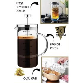 Resim Çok Amaçlı Isıyı Koruyan Süzgeçli Bitki Çayı Filtre Kahve Demlik Ölçü Kabı Cam French Press 350 ml 
