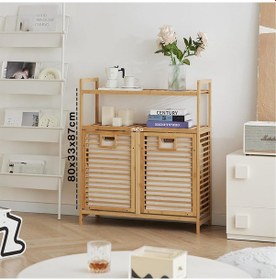 Resim Kirli 2 Kat Organizer Raflı - 2 Bölmeli Önden Çek Aç Kalın Ahşap Bambu Kirli Çamaşır Sepeti 80x33x87cm 5399 Çok Renkli 