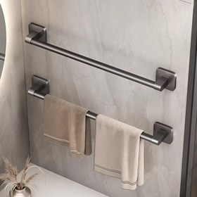 Resim Duvara monte edilebilen havlu çubuğu, uzay alüminyum yapısı, delme gerektirmeyen kurulum, tek direk, modern banyo aksesuarı, gri bitiş 