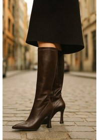 Resim Diz Altı Streç Kadın Topuklu Çizme Kahverengi 