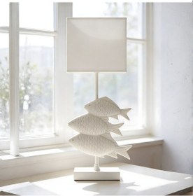 Resim Fish Eskitme Beyaz Gövde Krem Başlık Dekoratif Abajur 