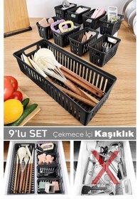 Resim 9 Parça Modüler Kaşıklık Seti - Çok Amaçlı Çekmece İçi Düzenleyici Mutfak Organizer Kepçelik Siyah 