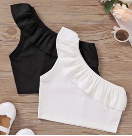 Resim Genel Markalar Kız Çocuk 2'li Fırfırlı Tek Omuz Crop Set- Kız Çocuk Tek Omuz Fırfırlı Ribanalı Crop Top Badi Bluz 