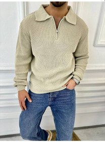 Resim Elku Moda Kazak Oversize Tüylenmez Naturel Pamuk Fermuarlı Polo Yaka Örme Triko Kazak Krem 