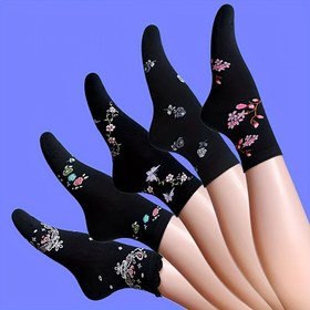 Resim 5 Çift Kadınlar için Çiçek Desenli Orta-Baldır Çorapları - Şık Japon Kore Stili Sonbahar Kış Günlük Moda, Yumuşak Nefes Alabilir Makinede Yıkanabilir Çok Yönlü Taytlar, Trendy Çorap Tasarımları 
