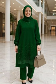 Resim Mercan MERVE TAKIM Zümrüt Taş Detaylı Tesettür Takım Krep Kumaş 