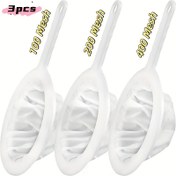 Resim 3 Adet Ultra İnce Naylon Ağ Filtre Seti, Plastik Saplı, 100, 200 ve 400 Ağ Ölçülerinde Mevcut, Soya Sütü, Kahve, Yoğurt, Meyve Suyu ve Kefir Filtrasyonu İçin Uygun. Bu Dayanıklı Mutfak Süzgeci Filtreleri Elektriksiz ve Dış Mekan Kullanımı İçin Hazır. 