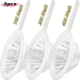 Resim 3 Adet Ultra İnce Naylon Ağ Filtre Seti, Plastik Saplı, 100, 200 ve 400 Ağ Ölçülerinde Mevcut, Soya Sütü, Kahve, Yoğurt, Meyve Suyu ve Kefir Filtrasyonu İçin Uygun. Bu Dayanıklı Mutfak Süzgeci Filtreleri Elektriksiz ve Dış Mekan Kullanımı İçin Hazır. 