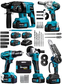 Resim Dragro Alman DRG-5LST Kömürsüz 5 x 3 5'li Set Kırıcı Delici + Somun Sıkma + Taşlama Makinesi + Matkap + Dal Budama + 3 Akülü 