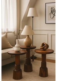 Resim Ahşap Mantar Sehpa 3 Lü Set Fındık Renk Doğal Zigon Sehpa Takımı Fındık 