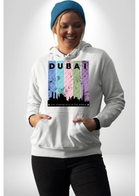Resim Dubai Şehir Silüeti Renkli Şehir Kadın Erkek Beyaz Kapüşonlu Sweatshirt Hoodie Beyaz 
