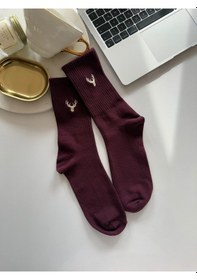 Resim Geyik Nakış Desenli Kutulu Renkli Yazlık Kışlık Tekli Pamuklu Unisex Soket Çorap Bordo 