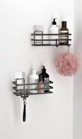 Resim Banyo Düzenleyici Yapışkanlı Metal Banyo Rafı İkili Duş Rafı Organizer Şampuanlık Mat Siyah-GNRL282 