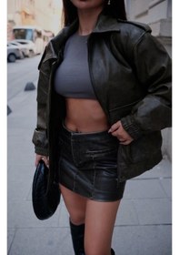 Resim Suni Deri Pilot Ceket Siyah 