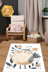Resim Pelangi Beyaz Zeminde Sevimli Kuş Desenli Yıkanabilir Kaymaz Taban Leke Tutmaz Çocuk Odası Halısı, Gri-Beyaz 80 x 150 