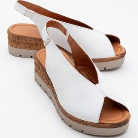 Resim Luvi Shoes Blom Beyaz Hakiki Deri Kadın Dolgu Topuk Sandalet Beyaz 