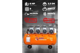 Resim GAP Kompresör Hava Kompresörü Sessiz ve Yağsız 200LT GPS-1100X4 