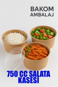 Resim BAKOM AMBALAJ 10'lu 750 CC Organik Kraft Karton Salata Kasesi Kapaklı + 10'lu Lüks Siyah Plastik Çatal Seti 