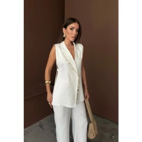 Resim La Mode Istanbul Yaka Midye Kabuğu Sıralı Yelek - Pantolon Takım Keten Kumaş - Beyaz 