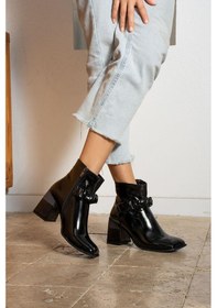 Resim Shoetek Tharsa Kadın Bot&bootie Kırşık Bantlı Kalın Topuklu Siyah Rugan Siyah Rugan Siyah 