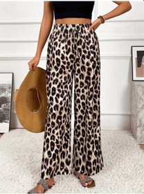 Resim Kadın Yüksek Bel Beli Lastikli Bağcıklı Leopar Desenli Süprem Pantolon Karışık 