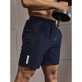 Resim Erkekler için Rahat Stil Harf Baskılı ve İpli Kısa Şortlar, Yazlık Dış Mekan Spor Giysisi, Hızlı Kuruyan Konforlu Şortlar, Spor Salonu Eğitimi İçin Uygun Fermuarlı Cep ve Hafif Esnek Bel İpi ile Rahat Şort 