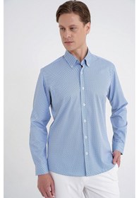 Resim Slim Fit Yaka Düğmeli Baskılı Pamuklu Mavi Gömlek G 1606 