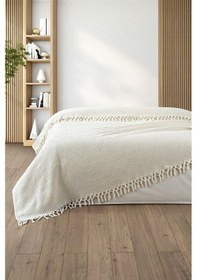 Resim %100 Pamuk Çift Kişilik Bağlama Saçaklı Pike-220x240 Cm-krem Krem Krem 