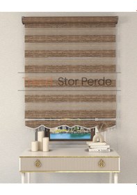 Resim Kahve Boncuklu Zebra Stor Güneşlik Perde Opak Kahve 