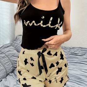 Resim Kadınların İnek Mektup Baskılı Fırfır Detaylı Rahat Pijama Takımı, Yuvarlak Yaka Sırtı Açık Crop Cami Üst ve Şort, Rahat Gevşek Kesim, Yazlık Gecelik 