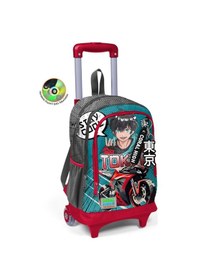 Resim Coral High Kids Gri Nefti Anime Motorsiklet Desenli Üç Bölmeli Çekçekli Okul Sırt Çantası 23964 