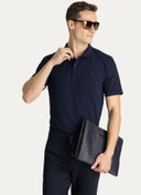 Resim Koyu Lacivert Polo Yaka Slim Fit Dar Kesim Pamuk Tişört Kigili