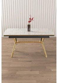 Resim Canisa Nis Serisi 89x150 Açılabilir Lak Panel Beyaz Mermer Gold Ayak Masa Takımı Ve 6 Krem Sandalye Masa Beyaz Mermer Desen Sandalye Krem 