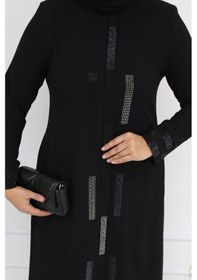 Resim Efelif Siyah Taş Işlemeli Fermuarlı Büyük Beden Kadın Ferace - Ahsen Ferace Siyah 