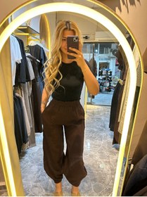 Resim ekim aslan boutique kahve müslin bel lastik bol şalvar pantolon 