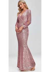 Resim Hanife Glam Couture Hanife Glam Uzun Kollu Kruvaze Yaka Pullu Abiye Elbise Pembe 