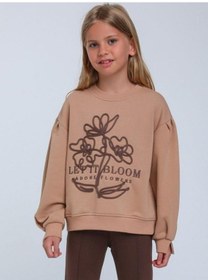 Resim Kız Çocuk Çiçek Nakışlı Sweatshirt-14248 Kahverengi 