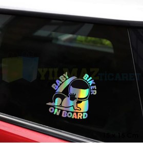 Resim yılmazetic Motorcu Bebek Motorda Bebek Var Hologram Oto Sticker Cam Araba Yapıştırma Çıkartma Etiket 15 X 15 Cm 
