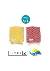 Resim 2'li Set Peştemal Plaj Havlusu , %100 Pamuk , Xxl 100x180cm, Marmaris, Sarı-kırmızı 