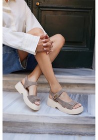 Resim Corea Kadın Siyah Gercek Deri Sandalet Bej 