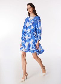 Resim Fabrika Bisiklet Yaka Batik Lacivert - Beyaz Mini Kadın Elbise F4SL-ELB0448 