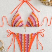 Resim Kadınlar için Seksi İki Parça Bikini Takımı - Canlı Çizgili Dokulu Kumaş, Metal Asma Dekoru, Halter Boyun ve Yan Bağlama Tasarımı, Plaj Tatilleri için Mükemmel, Seksi Mayo Kıyafeti|Canlı Plaj Giyim|Ayarlanabilir Askı 