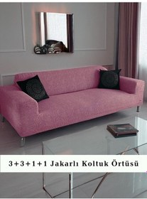 Resim StartMall Jakarlı Çubuk Desen Koltuk Örtüsü 3+3+1+1 Takımı Lastikli Esnek Yıkanabilir Çekyat Kanepe Kılıfı Pembe 
