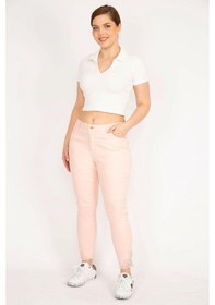 Resim Şans Kadın Pembe Büyük Beden Paçası Dantel Detaylı Kot Pantolon - Pembe 