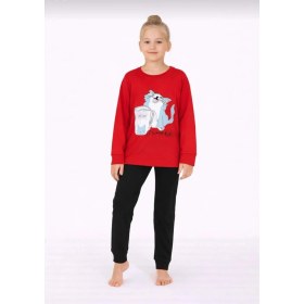 Resim Rapapa Kız Çocuk Kedi Baskılı Uzun Kollu Pijama Takımı - Rahat Ev Giyimi-8411- 