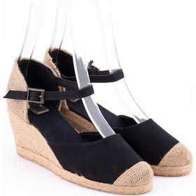 Resim Burnu Hasır Dolgu Topuk Siyah Bayan Keten Hasır Espadril Siyah 