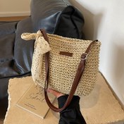 Resim Kadınlar İçin Bohem Rattan Hasır Çapraz Çanta - Hafif Yazlık Plaj Tote, Fermuarlı Kapatma, Haki Bej Dokuma Kağıt Malzeme ve Polyester Astarı ile Günlük Kullanım, Piknikler ve Alışveriş için 