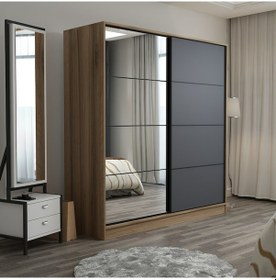 Resim Minarmobilya Minar Kale 2 Kapaklı Aynalı Sürgülü Dolap 180 Cm - Dore/Antrasit 